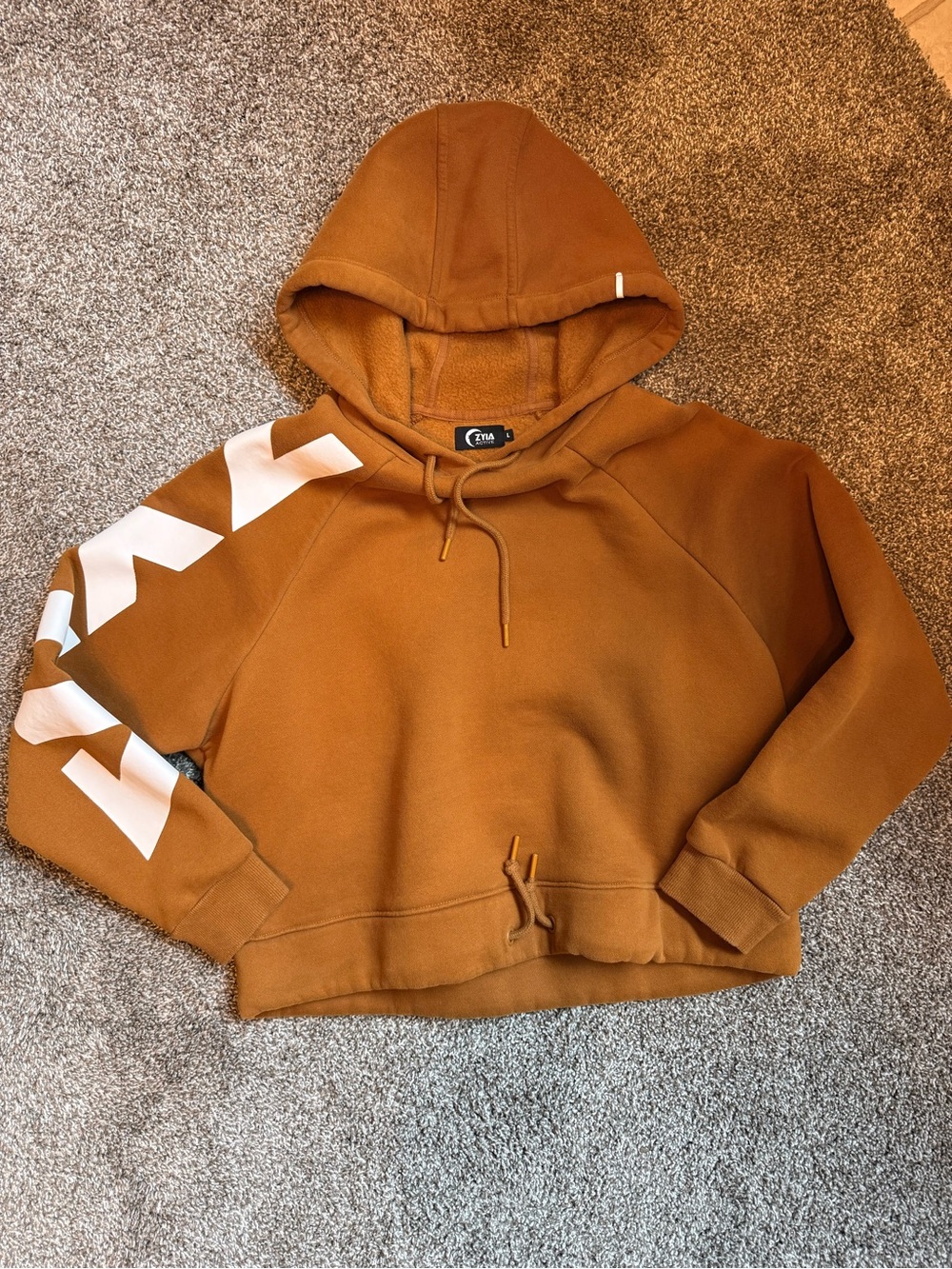 ZYIA Cropped Caramel Brown Hoodie with White Sleeve Graphics